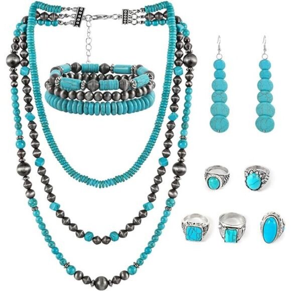 Bohemian Turquoise Jewelry Set – 12-Piece Western-Inspired Collection Cowgirl - Picture 1 of 7